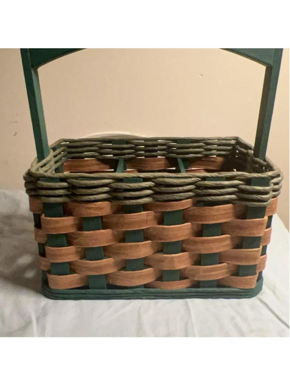 Wood Utensils Holder Basket Medium Brown Green Handle 11x7x12 In Rustic Caddy
